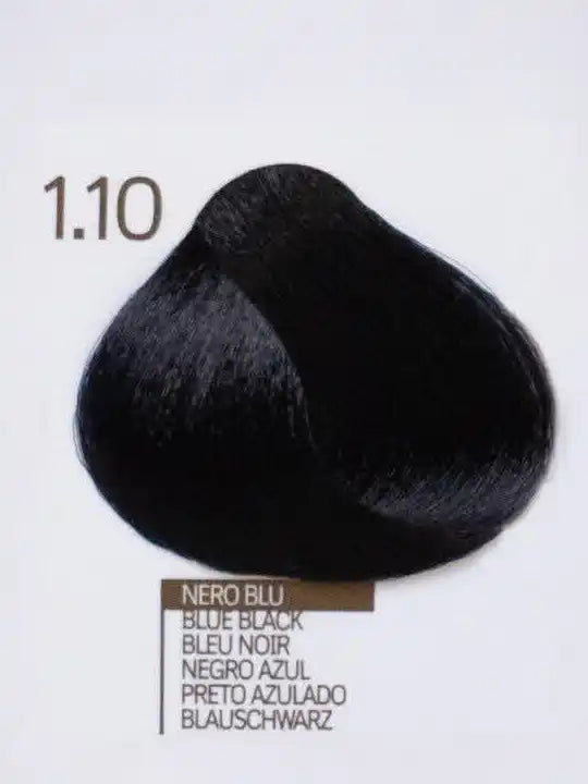 Цвят 1.10 Blue Noir за коса – черен с оттенъци синьо, подходящ за максимално покритие на бели коси.