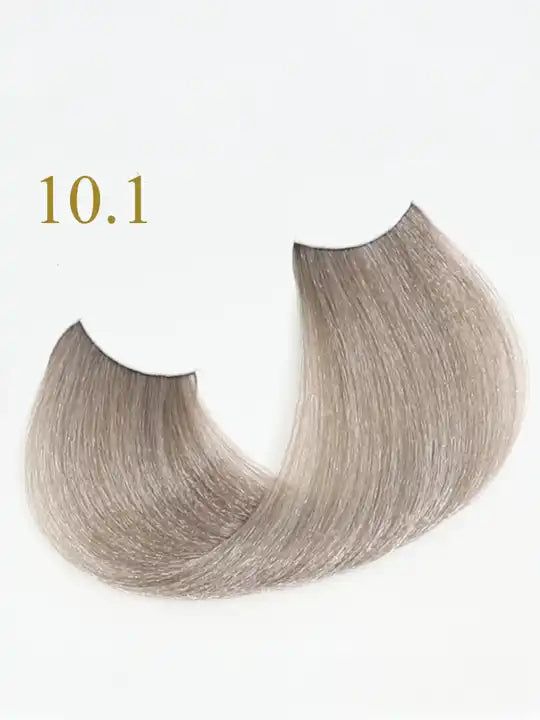 Оцветяване на коса с нюанс 10.1 от Oro Therapy - светло платинено пепеляво блондинка.
