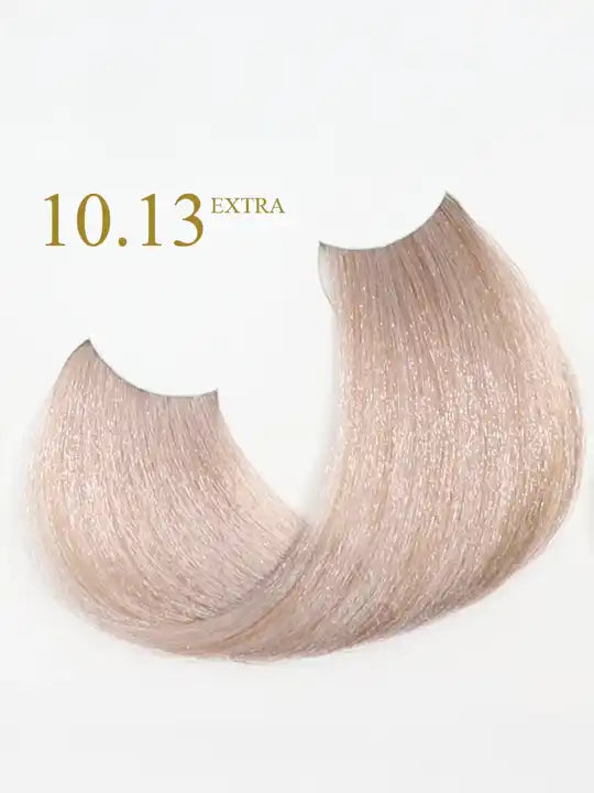 10.13 Blonde Platinum Beige Extra hair color swatch from ORO Therapy, showcasing soft, shiny tones.