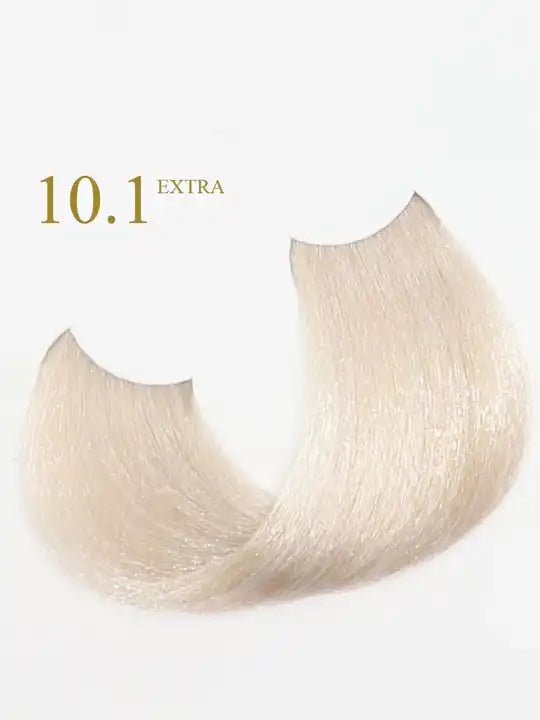 10.1 Blonde Platinum Ash Extra hair color swatch for Oro Therapy professional hair dye.