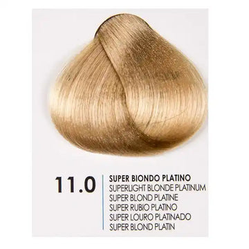 Fanola superlightener 11.0 hair color sample, showcasing platinum blonde shades and vibrant, glossy finish.
