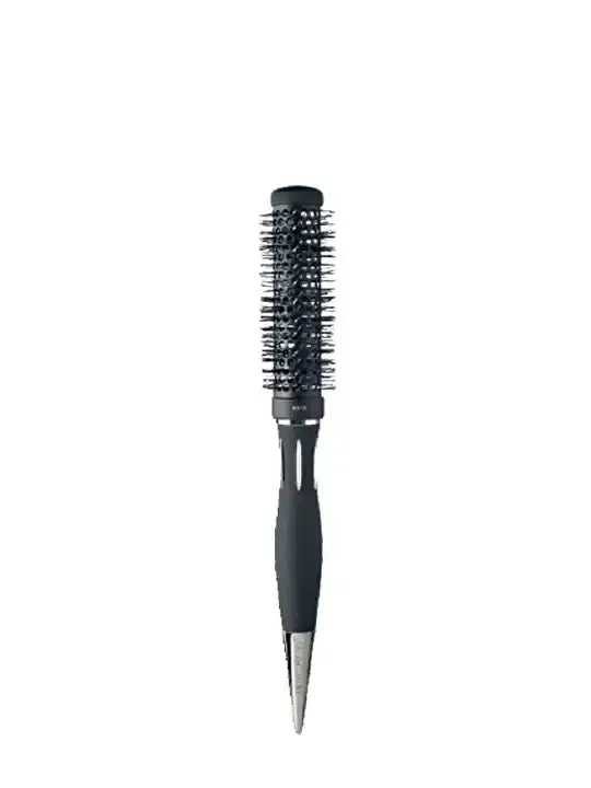 Black ceramic core round brush for drying and styling hair, 25mm size, with non-slip handle and heat-resistant bristles.