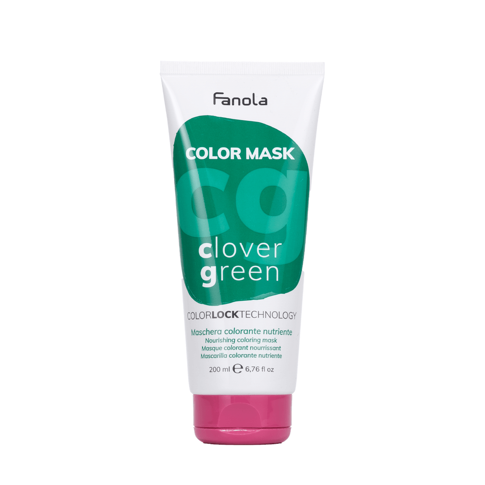 Fanola Clover Green color mask for nourishing and hydrating hair, 200 ml tube, enriched with avocado oil.