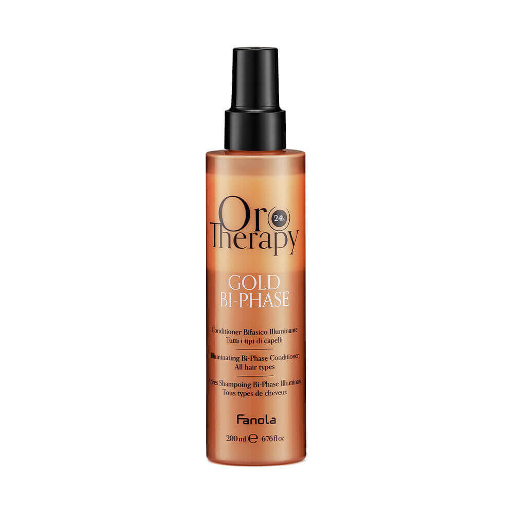 Oro Therapy Gold bi-phase spray conditioner 200ml for deep hydration and shine, suitable for all hair types.