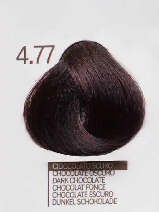 Цвят 4.77 Тъмен шоколад на крем-боя Design Look за коса, показващ текстура и нюанс.