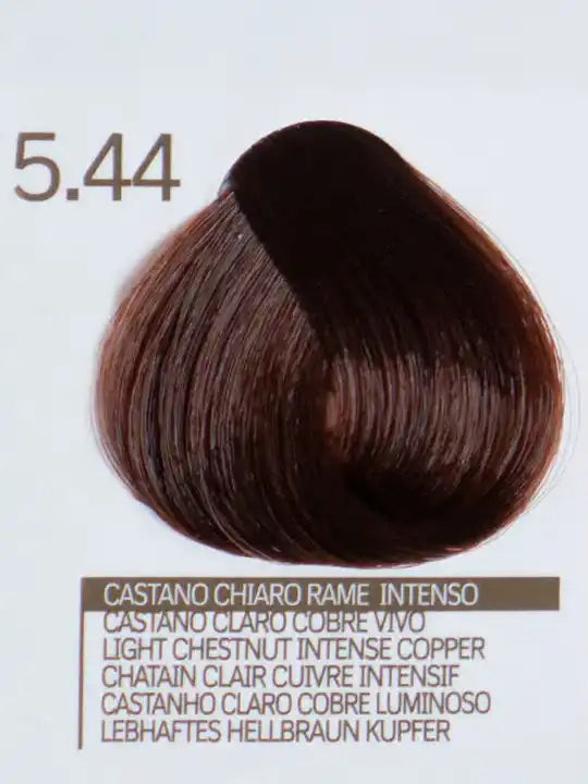 Design Look 5.44 Light Chestnut Intense Copper hair color sample showing rich, vibrant shade with warm undertones.