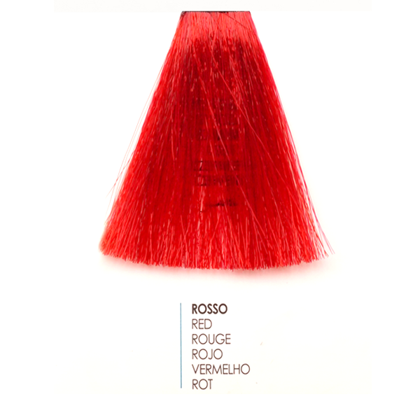 Цвят на коса Fanola Intensifier Red - яркочервен нюанс с варианти на етикет на различни езици.