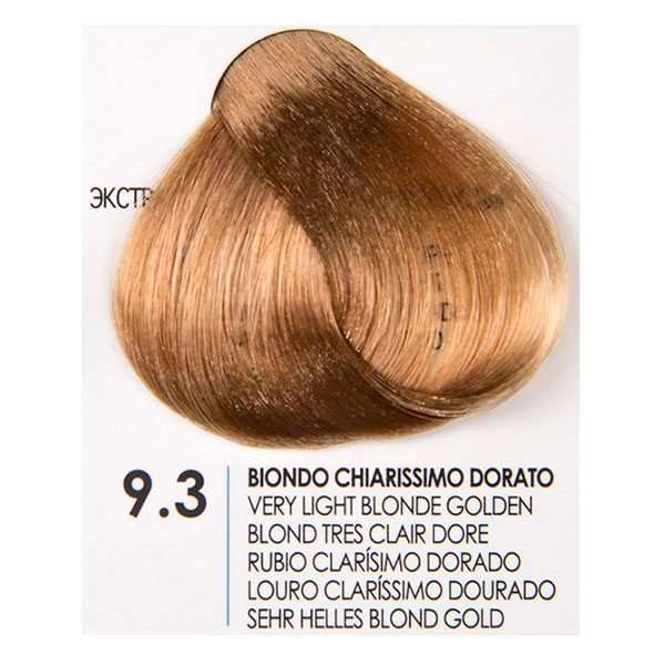 Fanola Golden 9.3 hair color swatch, very light blonde golden shade for soft, radiant hair.