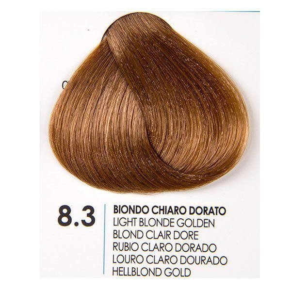 Fanola 8.3 Light Blonde Golden hair color sample, showcasing rich golden tones and shine for vibrant hair.