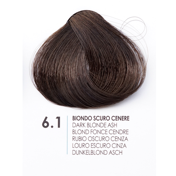 Цветен образец на боя Fanola Cenere 6.1 - тъмен блондин с пепеляв нюанс.