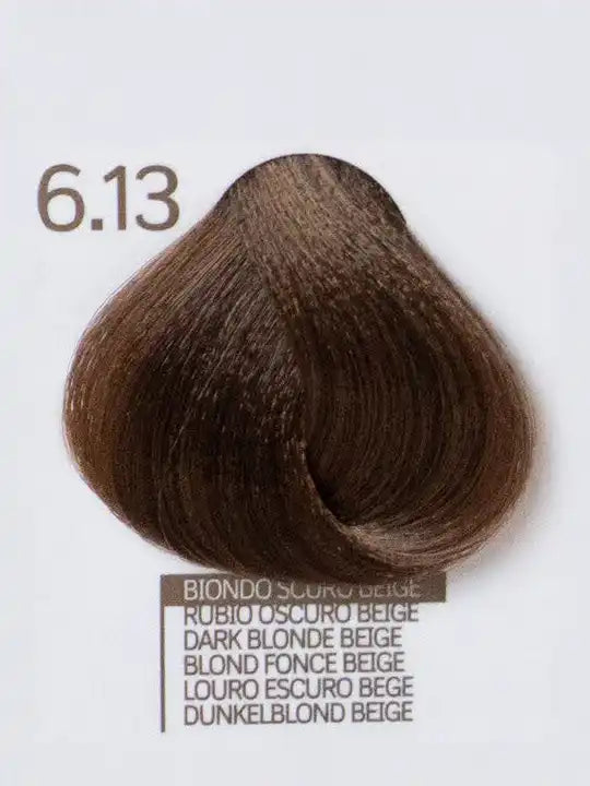 Design Look 6.13 Dark Blonde Beige hair color sample showcasing rich beige tones.