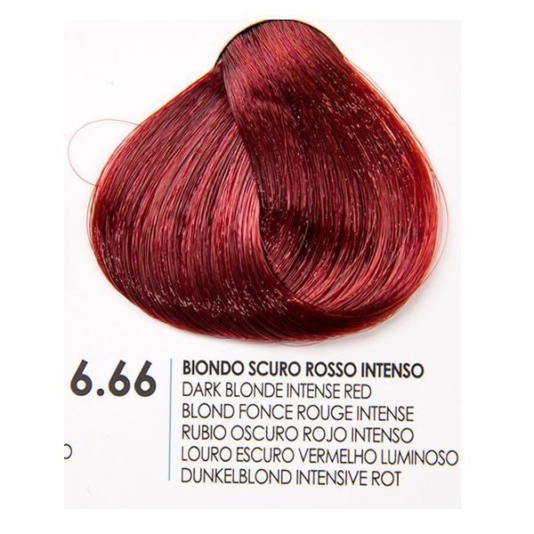 Цвят бои за коса Fanola Intense Red 6.66 - тъмен блондин с интенсивно червено оттенък.