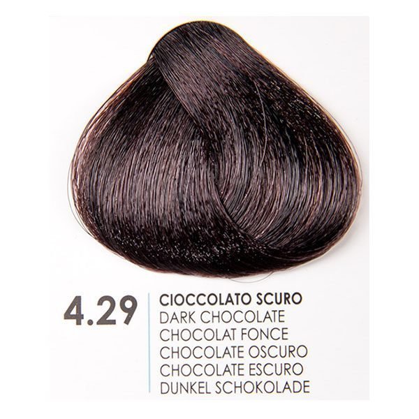 Fanola Chocolate 4.29 hair dye swatch in dark chocolate shade, showcasing rich color and shine.