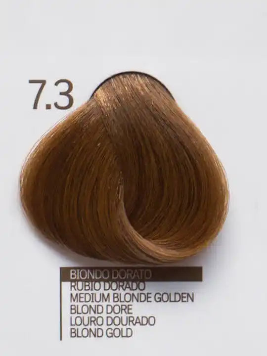 Дизайнерска боя за коса 7.3 Medium Blonde Golden, копринена текстура, топъл златист нюанс.