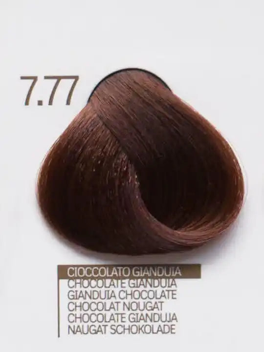 Цвят 7.77 Gianduia Chocolate за коса, показващ шоколадов нюанс, идеален за боядисване с Design Look.