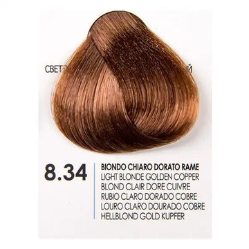 Fanola Golden Copper 8.34 hair dye color swatch showcasing light blonde golden copper shade.