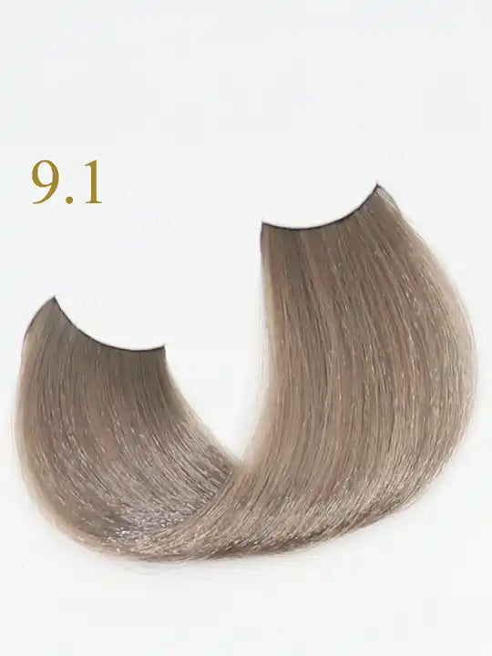 Oro Therapy 9.1 Very Light Blonde Ash hair color sample, highlighting its soft tones and shine on a white background.