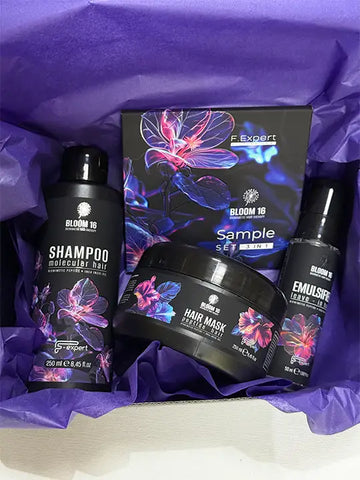 Bloom 16 Възстановяваща грижа за коса набор от продукти: шампоан, маска и емулсия.