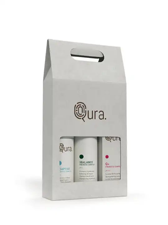 Опаковка на qura kit   3 balance, включваща адаптивен шампоан и заздравяващ лосион